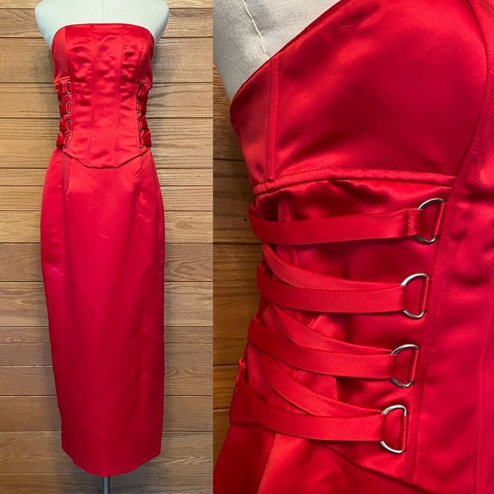Vintage 90s Y2K Jessica McClintok red satin strappy side corset top prom dress